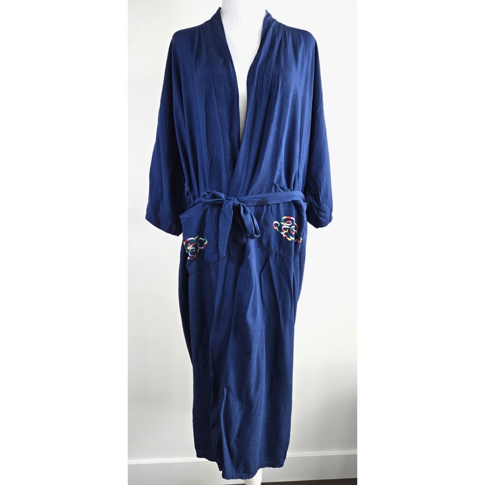 Navy Blue Emboiderary Dragon Cotton Dressing Gown Robe Kimono